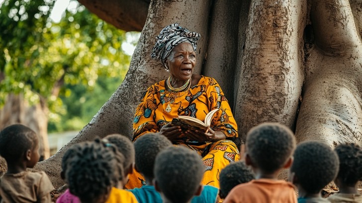 An elder sharing wisdom and storytelling with children under a baobab tree